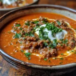 Aromatische Ajvar Suppe mit Hackfleisch