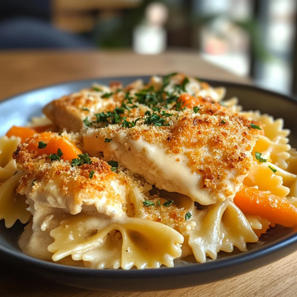Cheddar Havarti Hähnchen Bowtie Pasta Auflauf mit Karotten