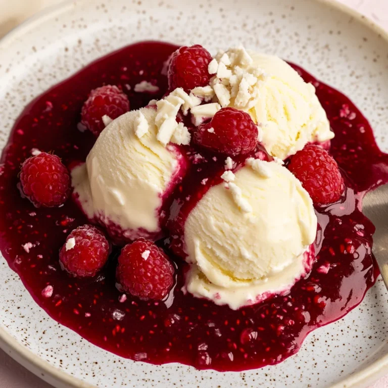 Vanilleeis mit heissen Himbeeren